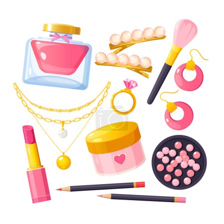 Collection of skin care cosmetics and different beauty girl's accessories.
