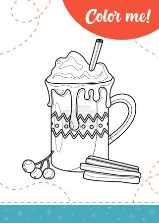 Coloring page for kids with cocoa cup and cinnamon sticks. A printable worksheet, vector illustration.