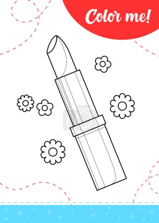Coloring page for kids with girl's lipstick. A printable worksheet, vector illustration.