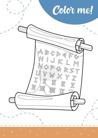 Coloring page for kids with cartoon ancient scroll.A printable worksheet, vector illustration.