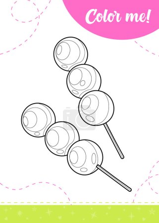 Coloring page for kids with Japanese traditional dessert Hanami Dango.A printable worksheet, vector illustration.