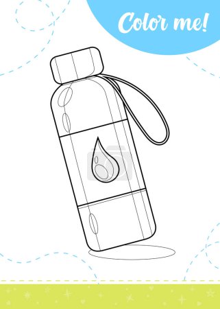 Coloring page for kids with water bottle. A printable worksheet, vector illustration.