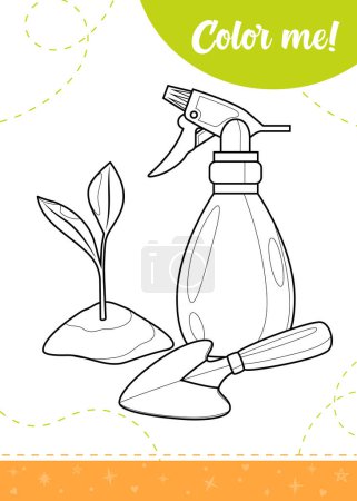 Coloring page for kids with gardening tools. A printable worksheet, vector illustration.