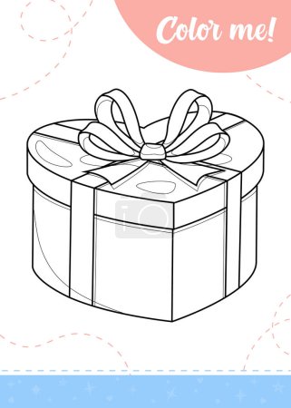 Coloring page for kids with a heart shaped gift box. A printable worksheet, vector illustration.