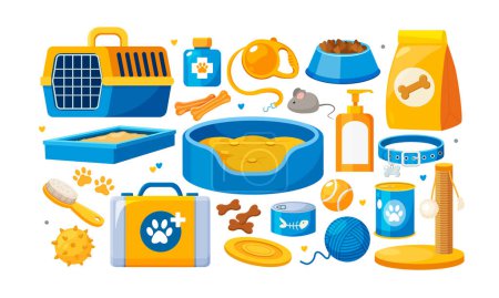 Set of pet accessories. Animal food, toys, care, and other stuff. 