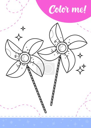 Coloring page for kids with colorful windmill toys.A printable worksheet, vector illustration.