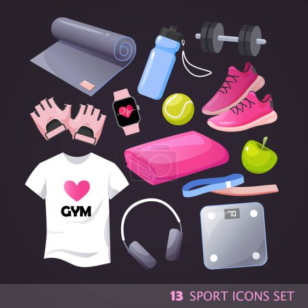 Téléchargez les illustrations : Collection de symboles d'équipement et d'accessoires pour le sport. Concept de mode de vie sain. - en licence libre de droit