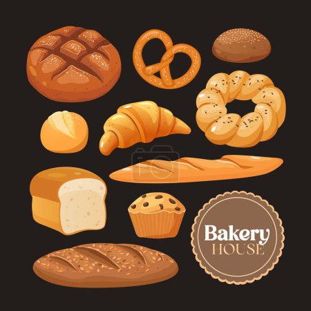 Bakery products set with fresh bread, buns, french baguette, croissant, muffin and different pastries. 