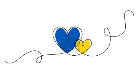 Vector card with two line hearts and Ukrainian flag colors.