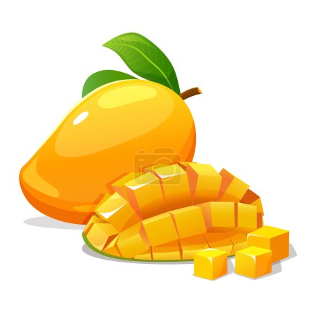 Juicy whole and cutted mango isolated on a white background.