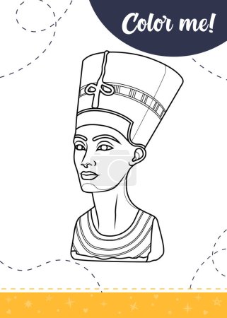 Coloring page for kids with the ancient Egyptian queen Nefertiti. A printable worksheet, vector illustration.