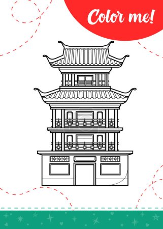 Ilustración de Página para colorear para niños con edificio chino tradicional.Una hoja de trabajo imprimible, ilustración vectorial. - Imagen libre de derechos