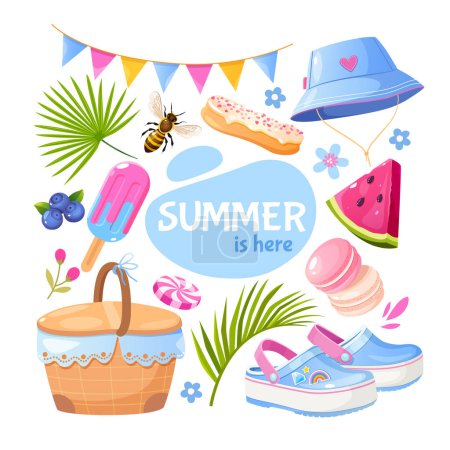 Colección de elementos de verano con hojas tropicales, guirnalda, ropa de playa, frutas, bayas y dulces.