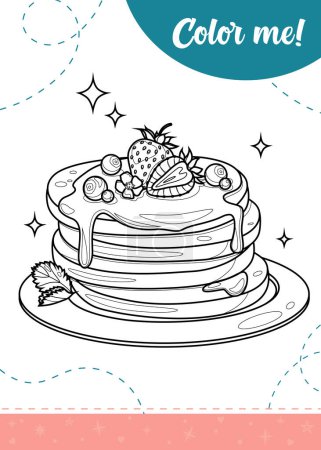 Coloring page for kids with pancakes and berries. A printable worksheet, vector illustration.