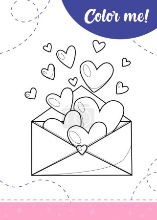 Coloring page for kids with cute open envelope with hearts. A printable worksheet, vector illustration.