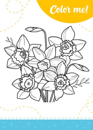 Malseite für Kinder mit Frühlingsblumen. Ein druckbares Arbeitsblatt, Vektorillustration.