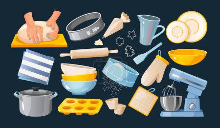 Set von Küchenutensilien und Haushaltsgeräten.