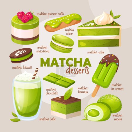 Set of various Japanese matcha desserts.