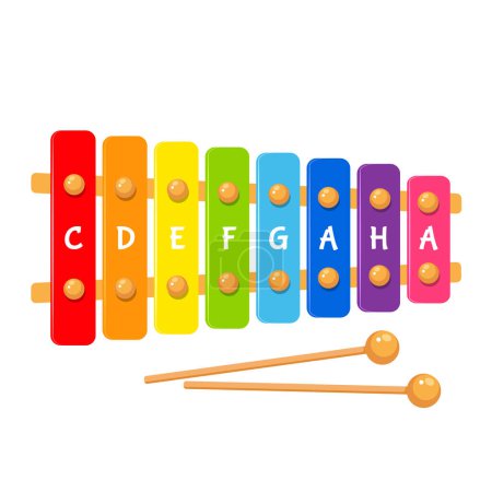 Vector colorful wooden xylophone with musical notes on it.