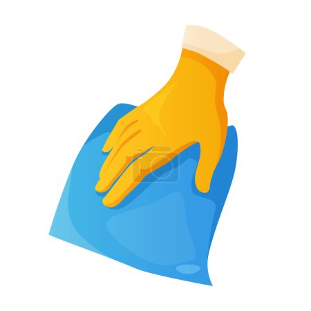 Ilustración de Manos en guantes de goma amarillos sosteniendo trapo de limpieza. - Imagen libre de derechos