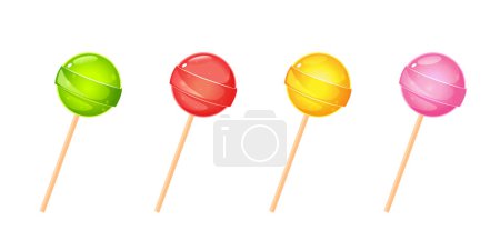 Cartoon sweet rounded lollipops on stick with different fruits flavors.