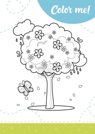 Tarjetas educativas para la temporada de primavera con árboles florecientes, mariposas y nubes lluviosas.Una hoja de trabajo imprimible, ilustración vectorial.