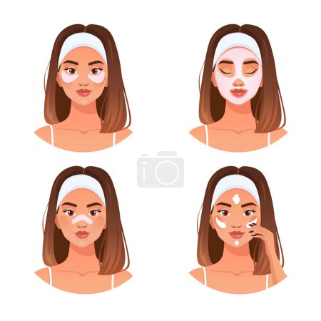 Téléchargez les illustrations : Les procédures cosmétiques de beauté femme pour une peau saine. - en licence libre de droit