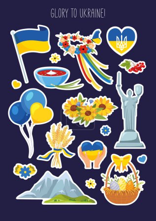 Vector stickers set with Ukrainian symbols for support Ukraine.