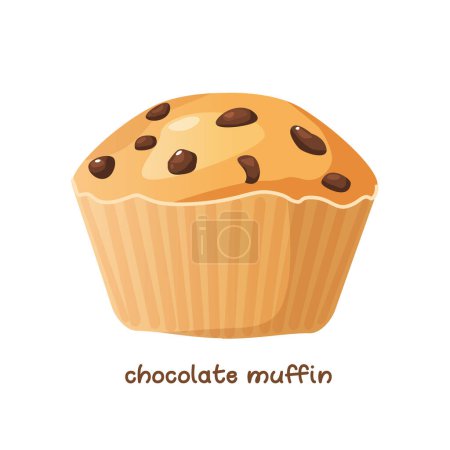 Vector tasty muffin with chocolate filling and chocolate chips isolated on white background.