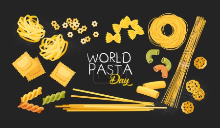 World pasta day poster design with different kinds of macarons on dark background with lettering.