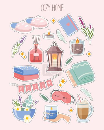 Cozy home stickers with cute, coziness things and objects for home interior.