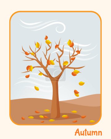 Ilustración de Tarjeta otoñal con paisaje otoñal, cielo gris, viento, árboles y hojas caídas - Imagen libre de derechos