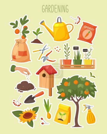 Téléchargez les illustrations : Autocollants vectoriels avec symboles de jardin comprend mangeoire d'oiseaux, graines, plantes en pot, graines germées, arrosoir, outils de jardinage et etc.. - en licence libre de droit