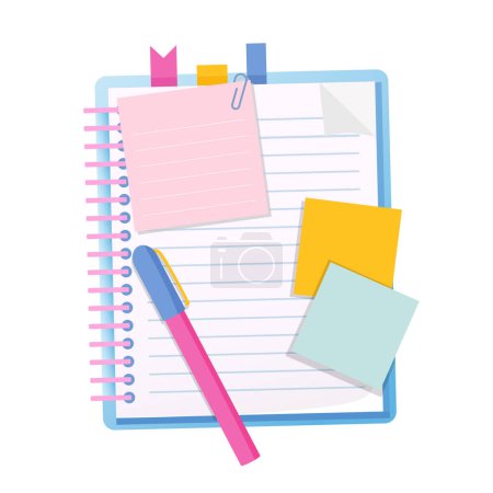Notebook with bookmarks, colorful sticky notes and pen isolated on a white background.