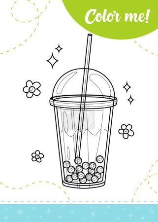 Coloring page for kids with a cup of bubble tea.A printable worksheet, vector illustration.