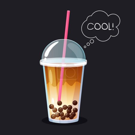 Illustration for Cappucino iced bubble coffee in takeaway plastic cup with lid, straw and hand drawn doodle for menu,cafe, flyer,banner. - Royalty Free Image