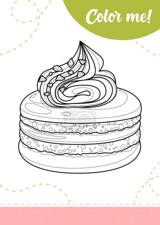 Coloriage pour enfants avec délicieux macaron dessert français.Une feuille de travail imprimable, illustration vectorielle.