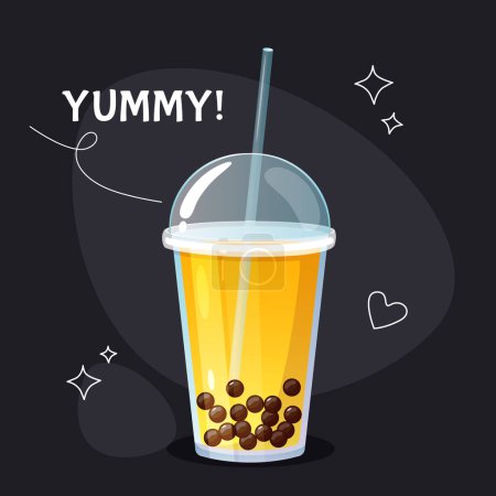 Cold mango bubble tea in takeaway plastic cup with lid, straw and hand drawn doodles for menu,cafe, flyer,banner.