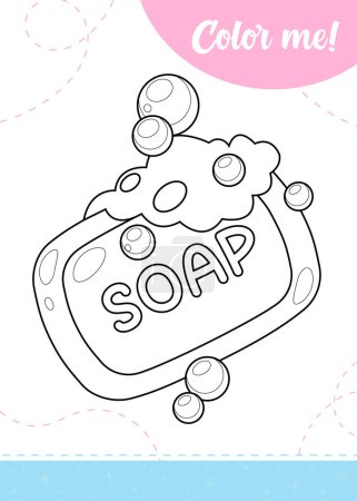 Illustration for Coloring page for kids with bathing soap and foam for hand washing.A printable worksheet, vector illustration. - Royalty Free Image