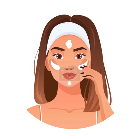 Téléchargez les illustrations : Belle jeune femme qui applique de la crème sur son visage. Beauté soin de la peau routine - en licence libre de droit