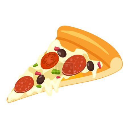 Slice of pizza with cheese, tomatoe slices, sausage, olives, and greens isolated on white background. 