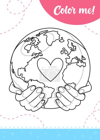 Coloring page for kids with Earth planet in human hands. A printable worksheet, vector illustration.