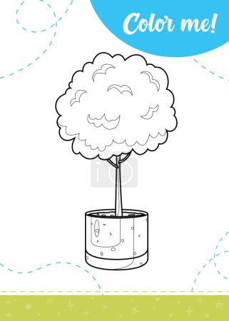 Coloriage pour les enfants avec pot d'arbre.Une feuille de calcul imprimable, illustration vectorielle.