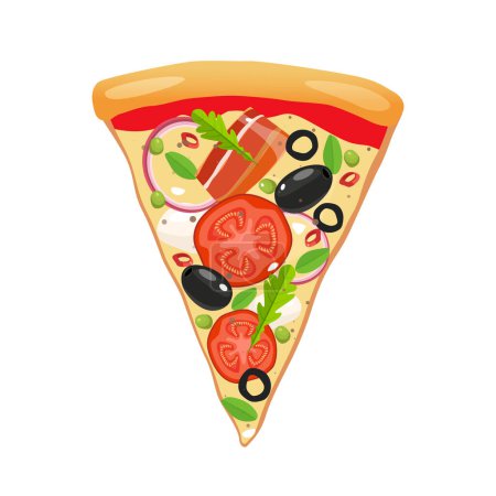 Ilustración de Rebanada de pizza italiana fresca con queso, tomates, aceitunas, jamón, rúcula, guisantes verdes aislados sobre fondo blanco. - Imagen libre de derechos