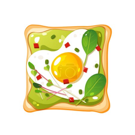 Illustration for Vector healthy sandwich with guacamole, fried egg in heart form, spinach, microgreens and different greens isolated on white background. - Royalty Free Image