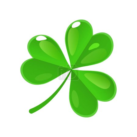 Vector bright green lucky clover with four leafs and sparkles for St. Patricks Day isolated on white background.
