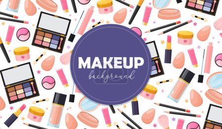 Vector seamless pattern with women cosmetics product includes blushes,eyelashes,eyeshadow,face cream,face powder,foundation,lip gloss,lip pencils,lipstick,brush,sponge,mascara.
