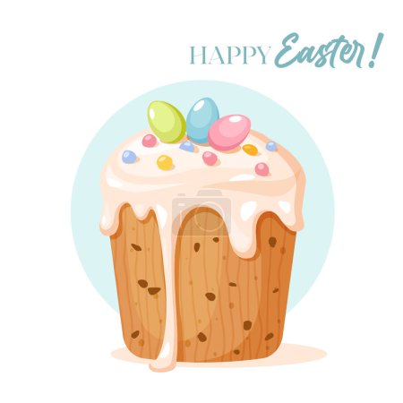 Illustration for Happy Easter holiday greeting card with Easter cake decorated chocolate colored eggs and lettering. - Royalty Free Image