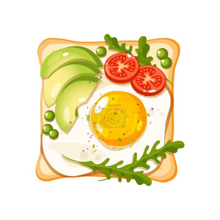 Téléchargez les illustrations : Sandwich santé vectoriel avec tranches d'avocat, œuf frit, tranches de tomate, pois verts et épices. - en licence libre de droit