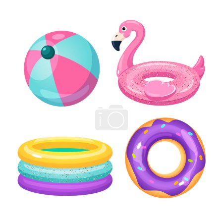 A bright pools equipment for swimming, such as a inflatable ball and pool, swimming rings in various design isolated on white background.